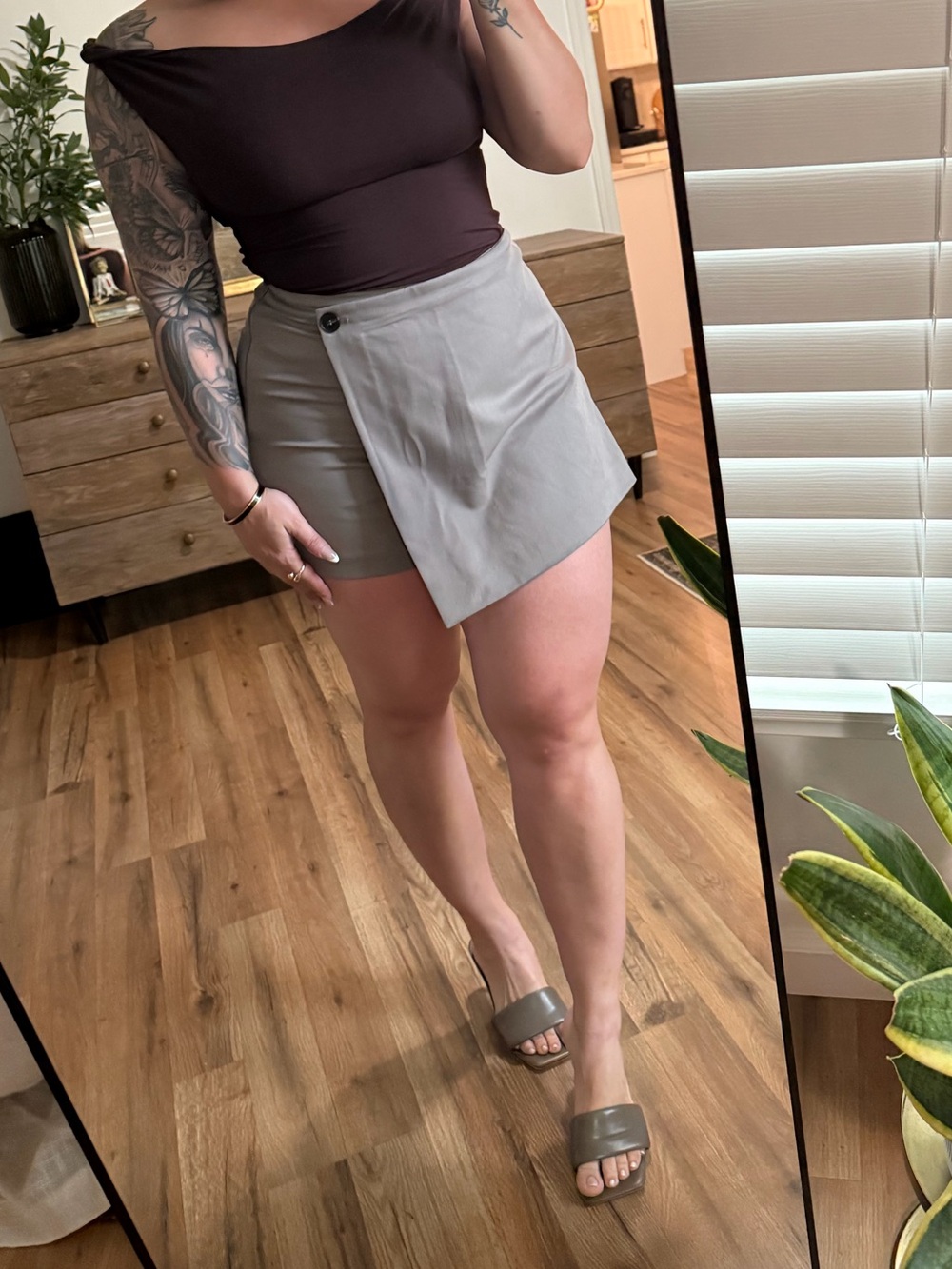 H&M Taupe Wrap-Front Skort with Black Button